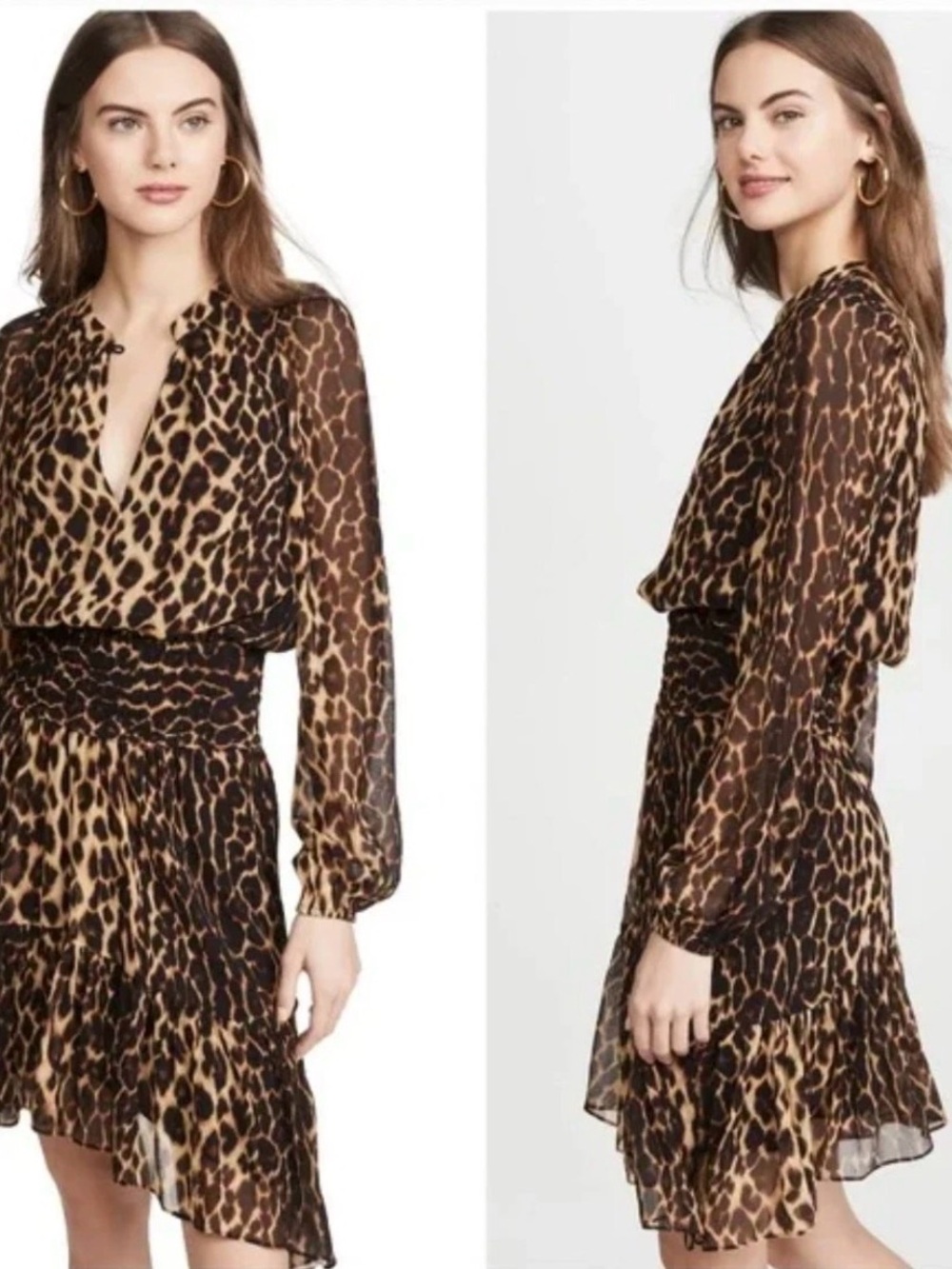 A.L.C. Silk Leopard Print Long Sleeve V-Neck Dress Brown/Black animal print